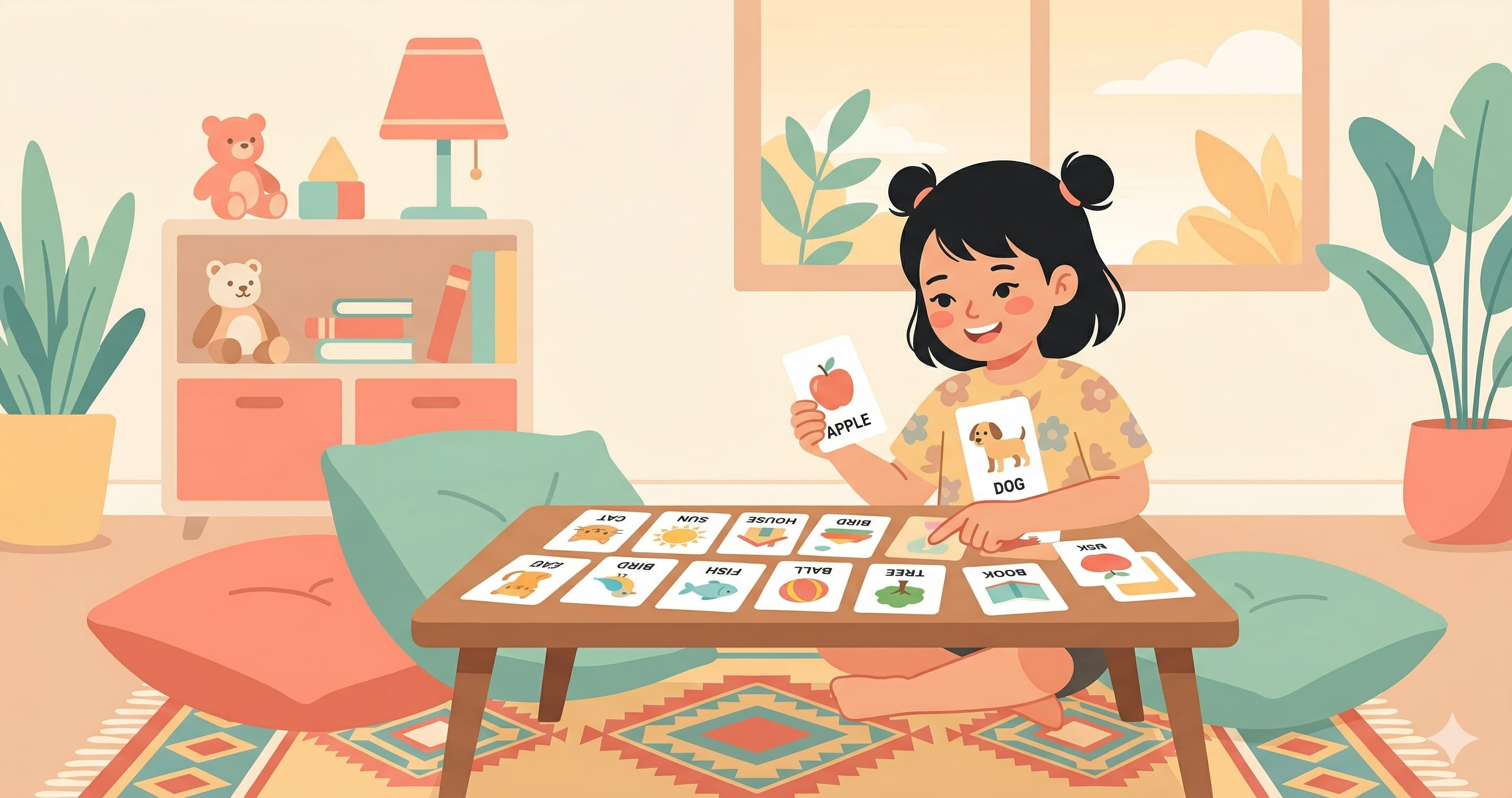 Bé gái người Việt đang học từ vựng tiếng Anh bằng flashcard