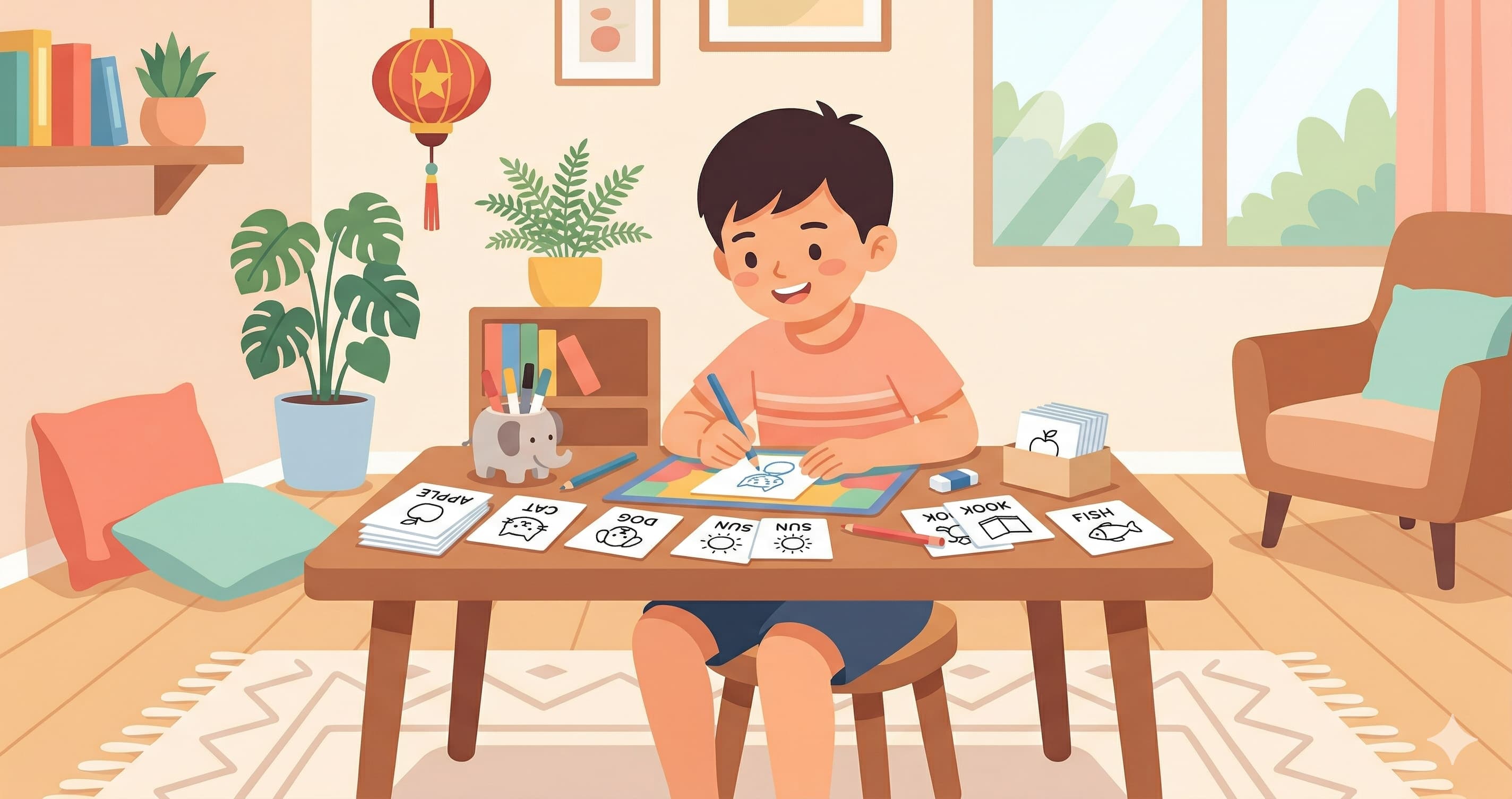 Bé trai người Việt tự làm flashcard tiếng Anh tại nhà
