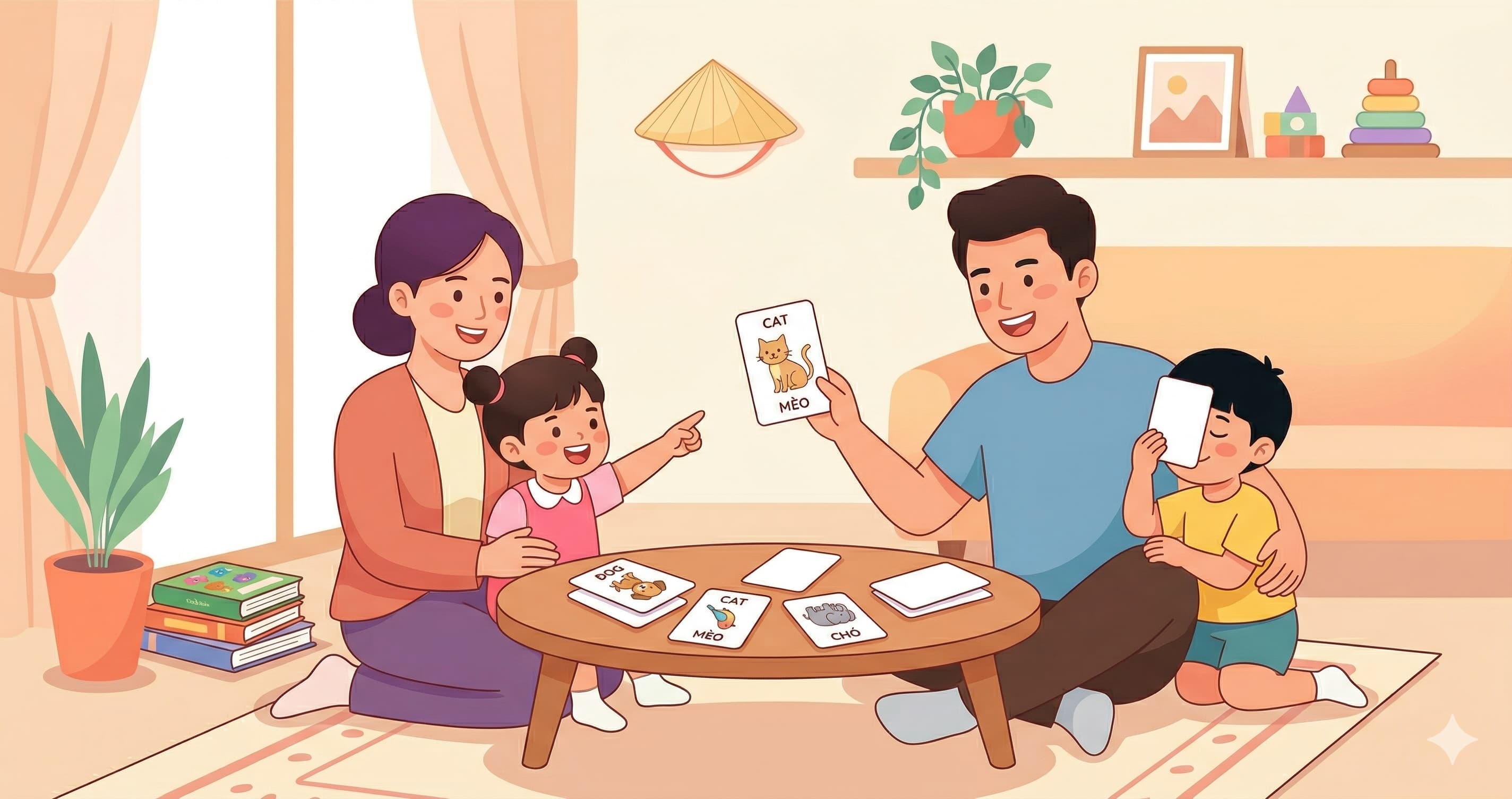 Bố mẹ và bé cùng chơi trò đoán từ với flashcard